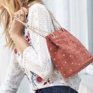 Sezane Studded Hope Bag in Pink Suede Leather